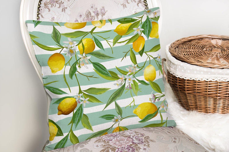 Yeşil Çizgili Limon Desenli Dijital Baskılı Dekoratif Yastık Kırlent Kılıfı 43x43cm