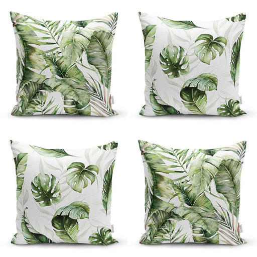 Yeşil Egzotik Yaprak Tasarımlı Dijital Baskılı Modern 4lü Kırlent Kılıfı Seti Bonvagon