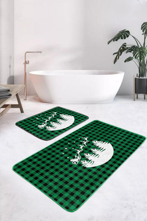 Yeşil Ekose Motifli Yılbaşı Tasarımlı 2li Banyo Halısı Takımı Kaymaz Taban Yıkanabilir Bonvagon