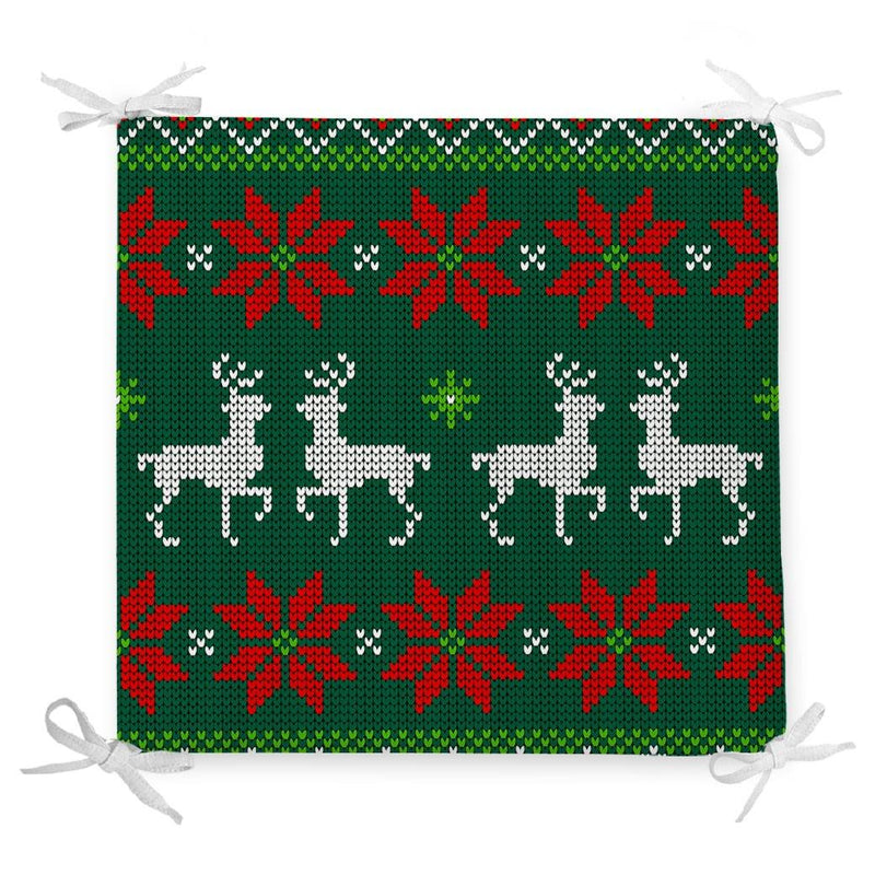 Yeşil Zeminde Yılbaşı Geyikleri Desenli Dekoratif Fermuarlı Sandalye Minderi Bonvagon