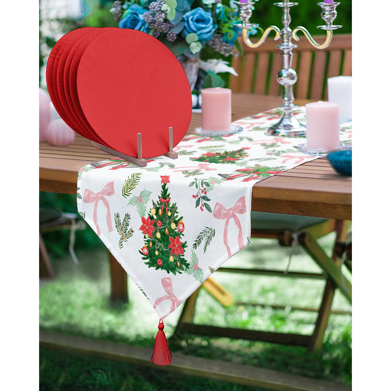 Yılbaşı Ağacı Tasarımlı Üçgen Püsküllü Runner 1 Adet & 6 Adet Kırmızı Renkli Supla Bonvagon