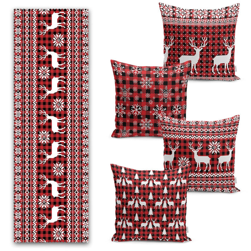 Yılbaşı Geyik Motifli Özel Tasarım 4 Kırlent 1 Runner Seti Bonvagon