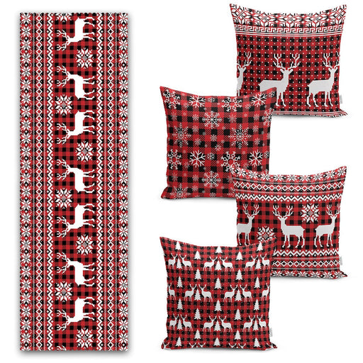 Yılbaşı Geyik Motifli Özel Tasarım 4 Kırlent 1 Runner Seti Bonvagon