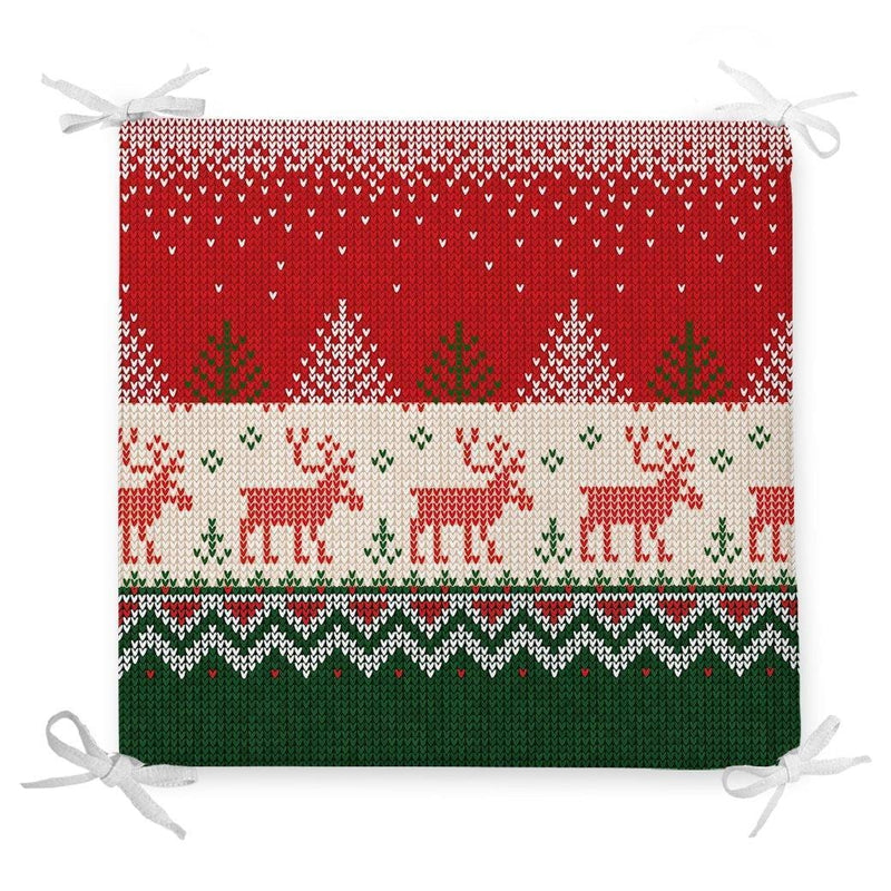 Yılbaşı Geyikleri ve Ağaçlar Baskılı Dekoratif Fermuarlı Sandalye Minderi Bonvagon