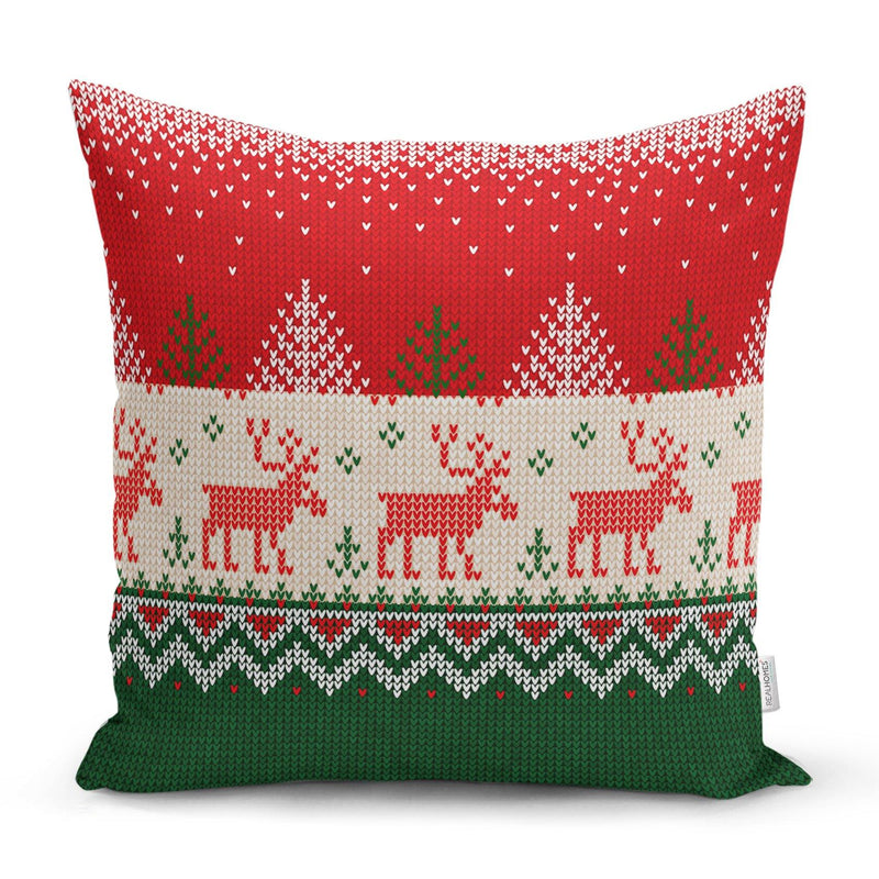 Yılbaşı Geyikleri ve Ağaçlar Baskılı Dekoratif Yastık Kırlent Kılıfı 43x43cm Bonvagon