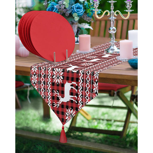 Yılbaşı Temalı Geyik Motifli Üçgen Püsküllü Runner 1 Adet & 6 Adet Bordo Renkli Supla Bonvagon