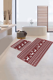 Yılbaşı Temalı Kanaviçe Motifli Geyik Özel Tasarım 2li Banyo Paspas ve Halısı Takımı Kaymaz Taban Yıkanabilir