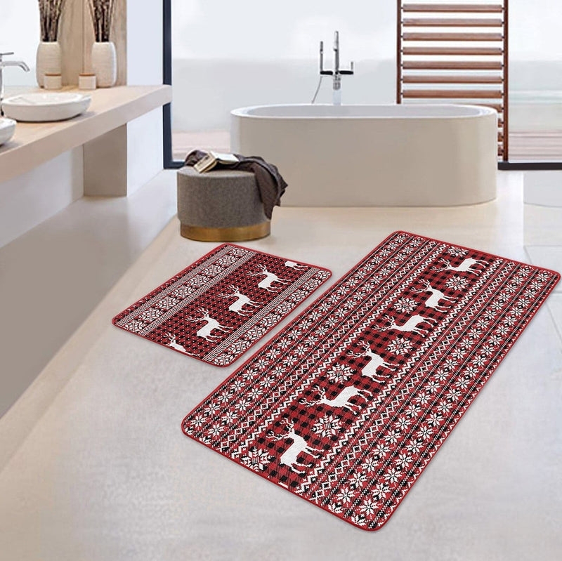 Yılbaşı Temalı Kanaviçe Motifli Geyik Özel Tasarım 2li Banyo Paspas ve Halısı Takımı Kaymaz Taban Yıkanabilir