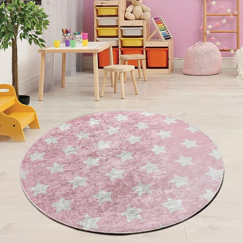 Yıldız Pembe Çocuk Halısı, Kaymaz Taban, Yıkanabilir Bonvagon