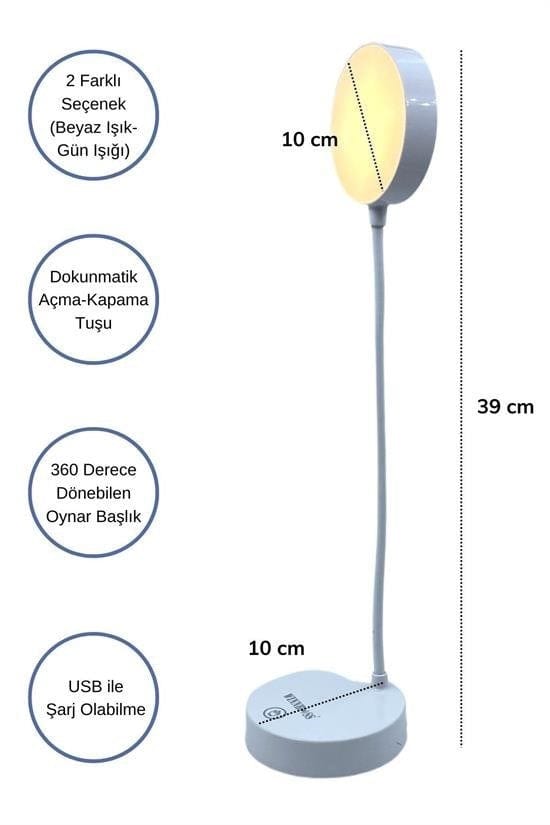 Yuvarlak Dokunmatik 3 Kademeli USB Şarjlı 360 Derece LED Aydınlatma Masa Lambası