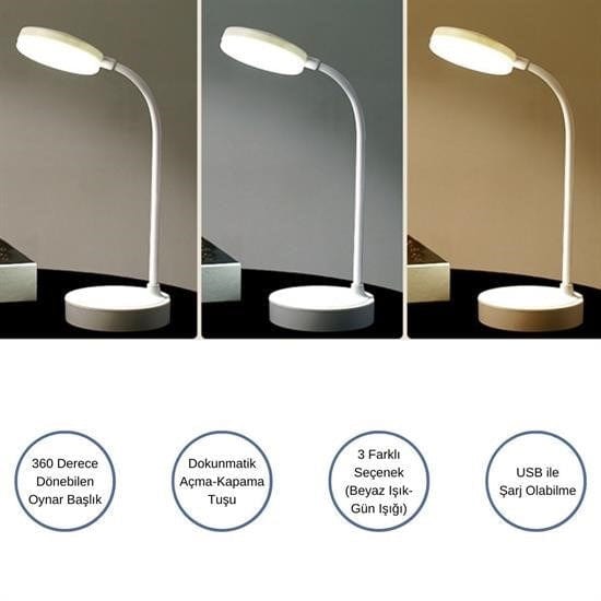 Yuvarlak Dokunmatik 3 Kademeli USB Şarjlı 360 Derece LED Masa Lambası Bonvagon
