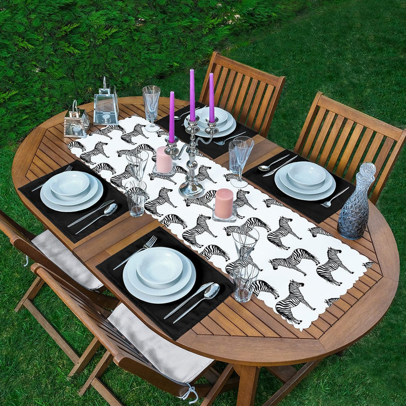 Zebra Tasarımlı Dijital Baskılı 1 Adet Runner & 4 Adet Yeşil Renkli Amerikan Servis Bonvagon