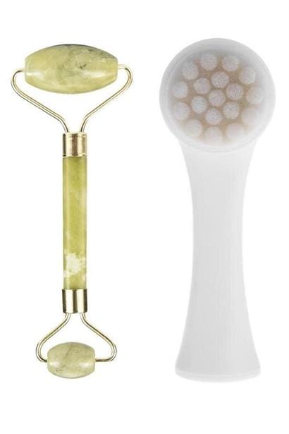 2li Set Çift Taraflı Cilt Temizleme Fırçası ve Yeşim Taşı Çift Taraflı Cilt Masaj Aleti Bonvagon