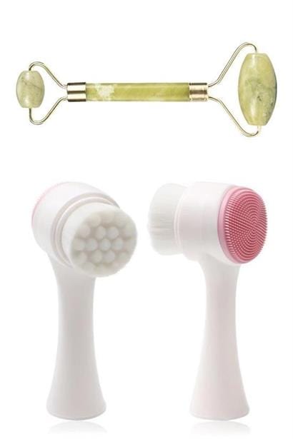 2li Set Çift Taraflı Cilt Temizleme Fırçası ve Yeşim Taşı Çift Taraflı Cilt Masaj Aleti Bonvagon
