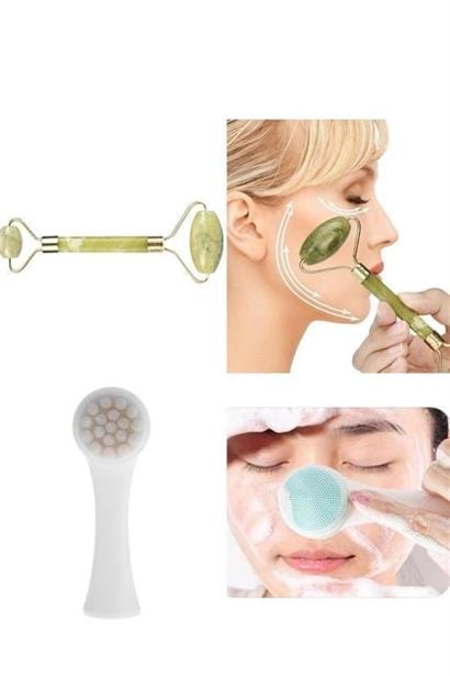 2li Set Çift Taraflı Cilt Temizleme Fırçası ve Yeşim Taşı Çift Taraflı Cilt Masaj Aleti Bonvagon