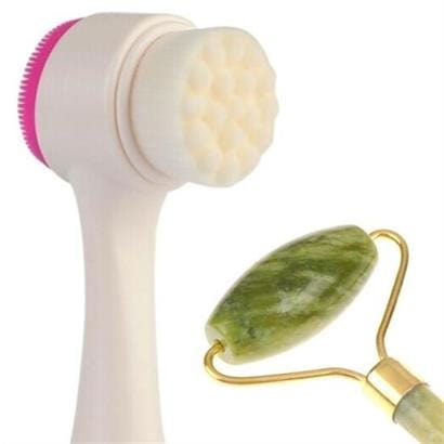 2li Set Çift Taraflı Cilt Temizleme Fırçası ve Yeşim Taşı Çift Taraflı Cilt Masaj Aleti Bonvagon