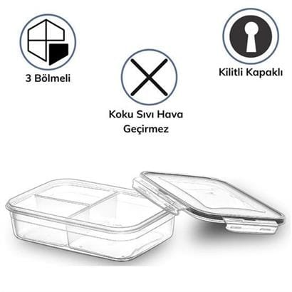 3 Bölmeli Kilitli Kapaklı 1 Litre Erzak Saklama Kabı LC-510 Bonvagon