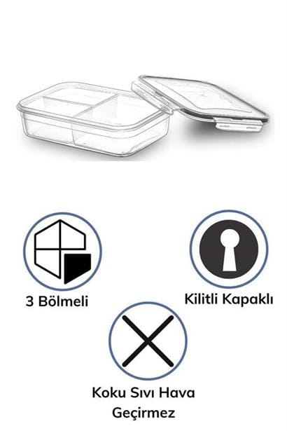 3 Bölmeli Kilitli Kapaklı 1 Litre Erzak Saklama Kabı LC-510 Bonvagon
