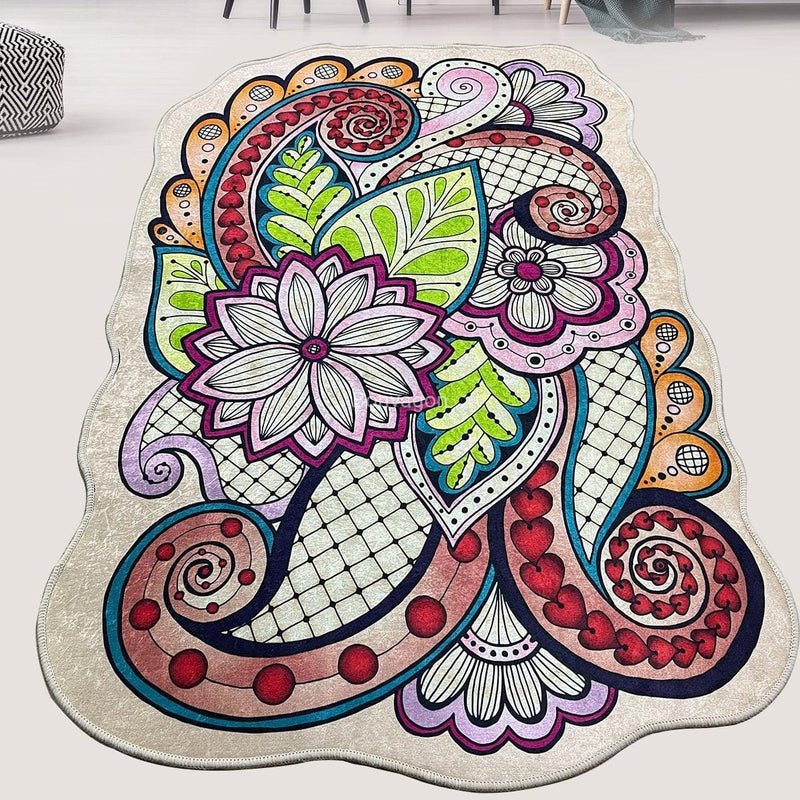 Mandala Forme Dijital Baskılı Dekoratif Halı, Kaymaz Taban, Yıkanabilir Bonvagon